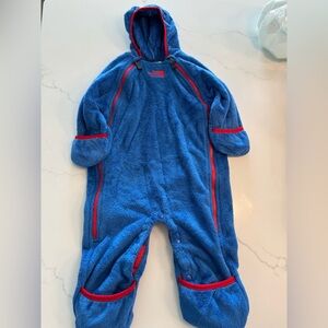 Blue North Face Infant Hooded Fleece coverall with Red Accent